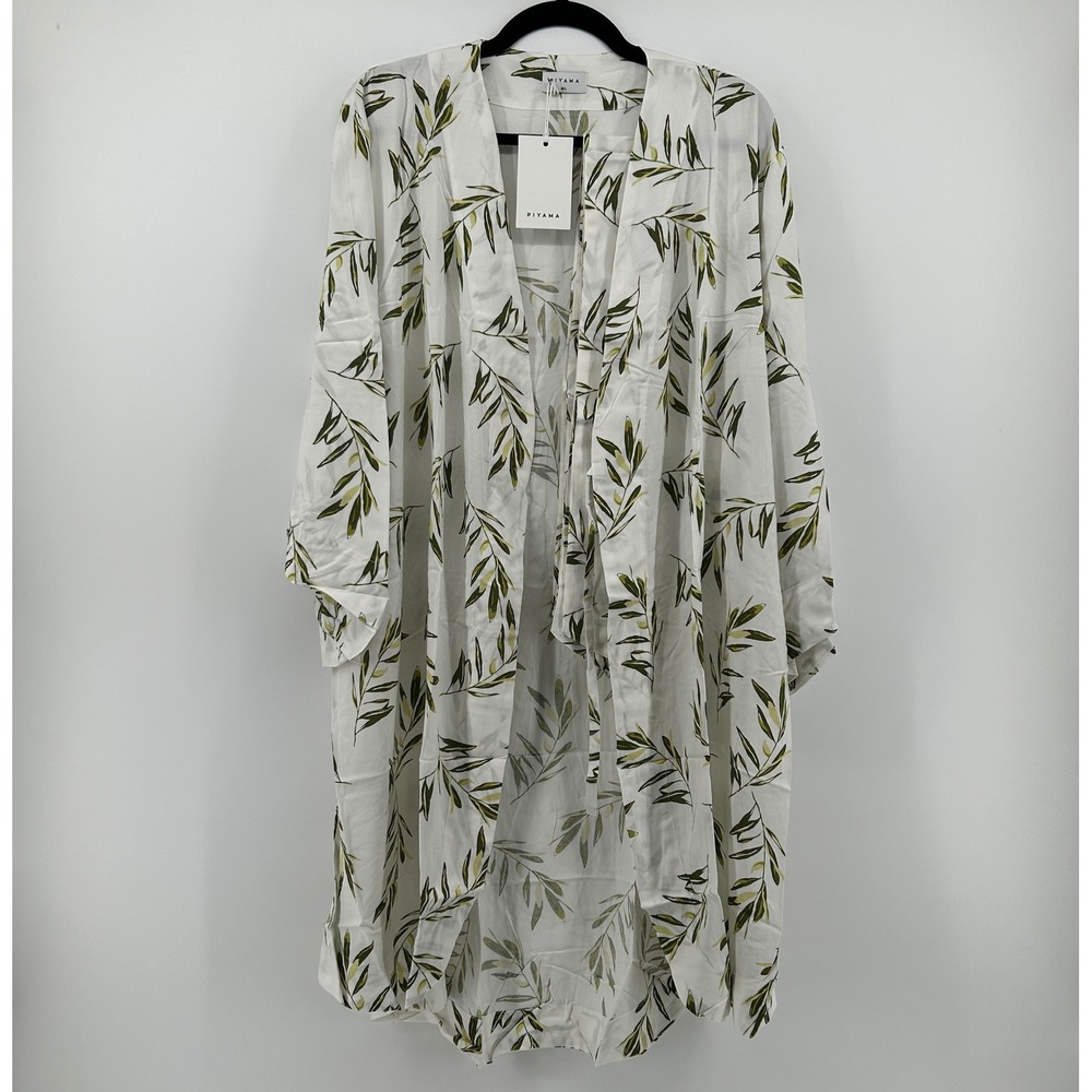 PIYAMA Olive Leaf Short Kimono Robe M/L White Botanical NWT Loungewear Nature